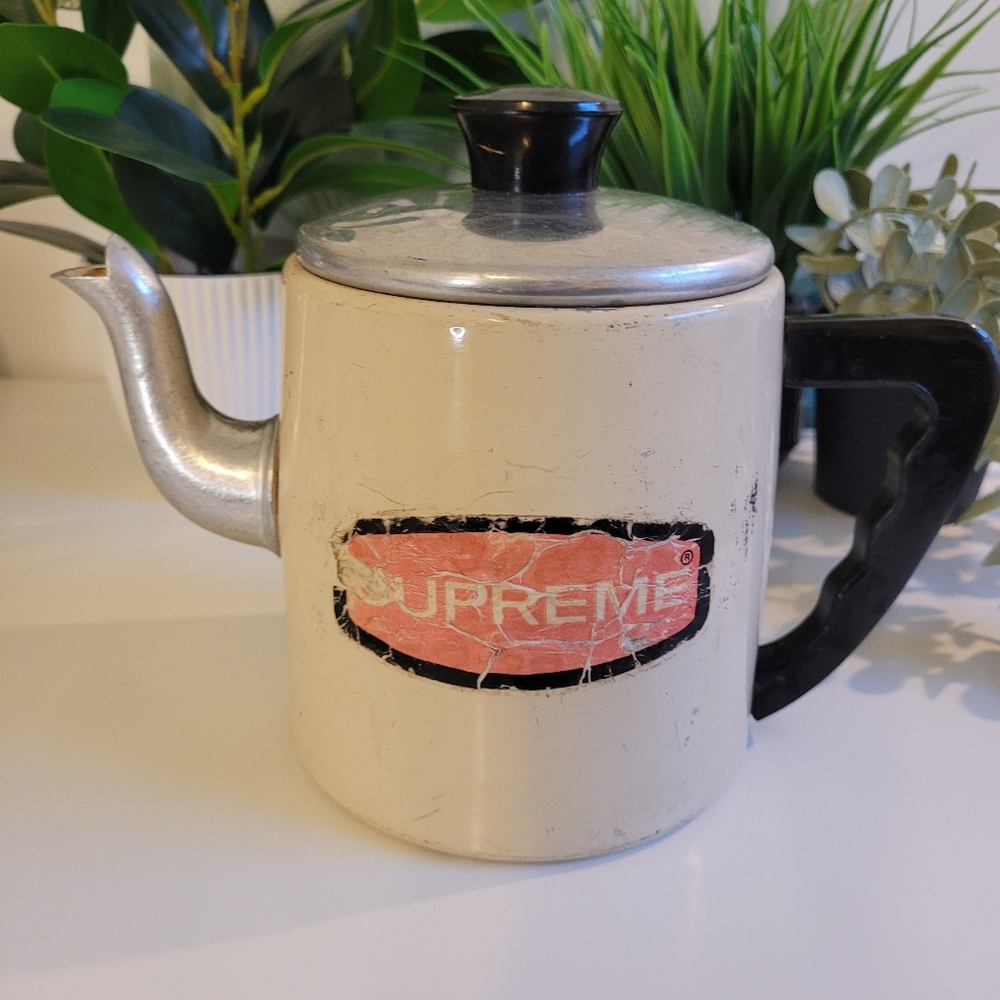 Vintage Supreme Cream and Black Coffee & Tea Pot Tin Enamel Old Advertising